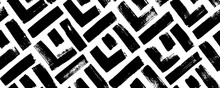 Seamless Abstract Geometric Pattern With Squares. Rhombuses With Separate Brush Strokes. Brush Drawn Rectangles With Bold Rough Lines. Geometric Modern Stylish Grunge Texture. Futuristic Tech Design.