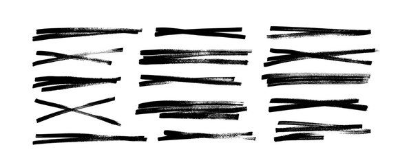 Underline and strikethrough markers collection. Hand drawn vector thick lines and strokes. Underline set isolated on white background. Grunge collection of brush strokes written with marker. 