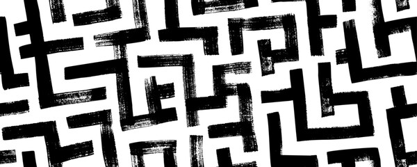 Geometric maze seamless pattern. Brush drawn black scribbles. Abstract maze geometric vector background. Irregular labyrinth pattern. Aztec or African textile print design. 