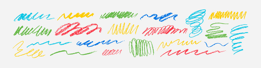 Aufkleber - Scribble charcoal strokes vector set. Charcoal pencil curly lines and squiggles, swirls and spirals. Bright color pencil sketches, grunge style drawing. Scrawls texture. Childish crayon lines.