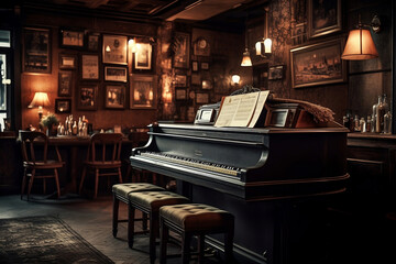 A bar with a piano, chairs, and old clocks, picture frames surround, retro English pub, Jazz bar, generative ai