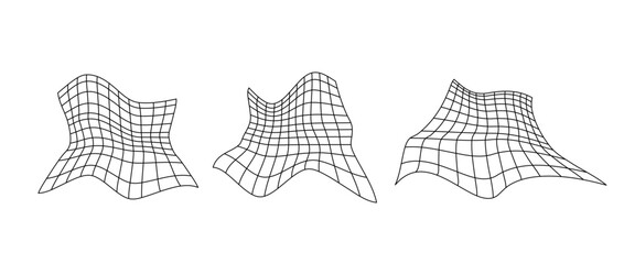 Poster - Distorted perspective grid set. Glitch rectangle plane pack. Wavy futuristic elements bundle. Ripple wireframes. Vector abstract background collection. 