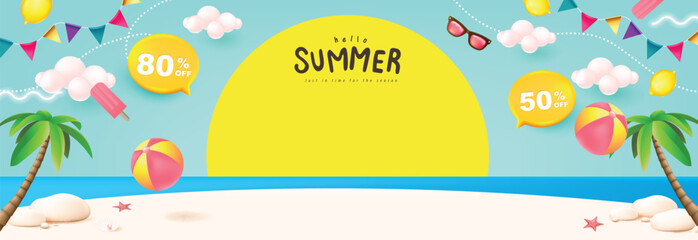 Wall Mural - Summer poster banner with sun set and summer beach scene design background