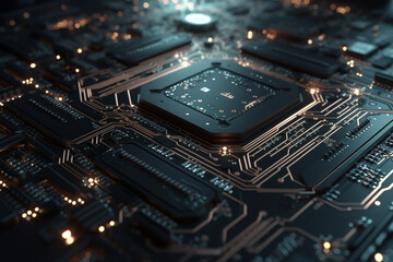 Poster - close up of a modern Technology Background with Circuit Board and Glowing Lines, Generative AI	
