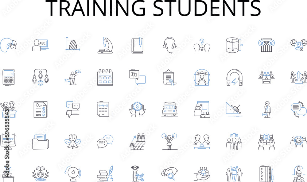 Training students line icons collection. Sunbathing, Surfing, Seashells ...