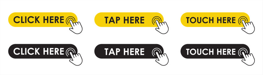 Poster - Set of Click here yellow button with hand cursor. Button with hand pointer clicking. Click here banner with shadow. Smartphone social media interface - stock vector.