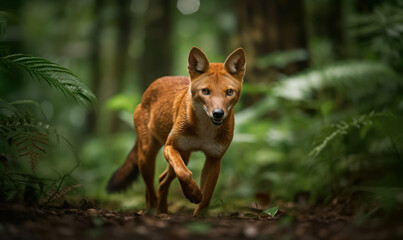 Wall Mural - Dhole - Agile Hunter in Lush Forest Environment. Photo of dhole (Cuon alpinus), captured in full stride as it navigates the dense, tropical undergrowth of its native habitat. Generative AI