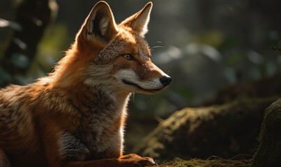 Wall Mural - close up photo of dhole (Cuon alpinus) on blurry forest background. Generative AI