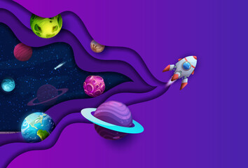 Poster - Space paper cut flying rocket in starry galaxy with cartoon planets, comets and 3d layered origami border. Vector space landscape with double exposure dark sky, stars, fantasy planets and spaceship