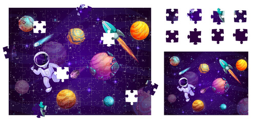 Poster - Jigsaw puzzle space game pieces. Cartoon planets, astronaut and rocket in outer space. Vector riddle complete image with cosmonaut float in galaxy and fell out parts educational worksheet for children