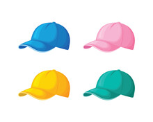 Baseball Caps Set. Blue Yellow And Pink Beanie. Cartoon-style Baseball Caps. Headdress. Vector Illustration Isolated On A White Background