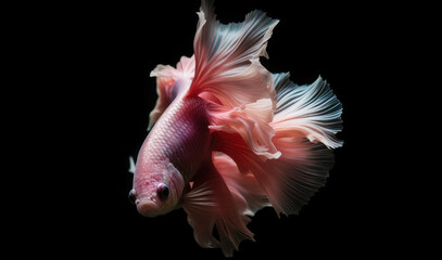 Beautiful siamese betta fish, fighting siamese fish with green blue red orange gold black colours , underwater photography isolated on black background, Generative AI