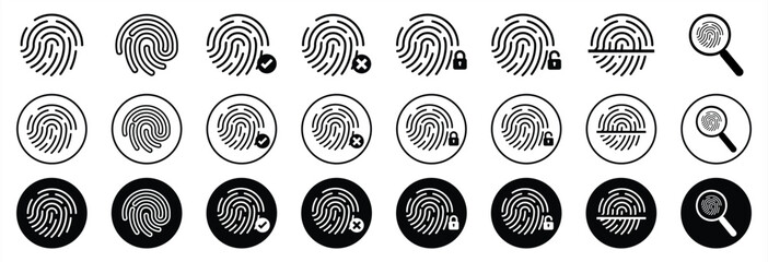 Fingerprint icon collection. Fingerprint lock and unlock, magnifying, scanning, Fingerprint identification icon for apps and websites. Vector illustration.