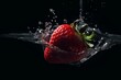 Strawberry fruit splashes into water on a dark background with vibrant colors. Generative AI