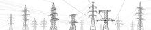 High Voltage Transmission Systems. Electric Pole. Power Lines. A Network Of Interconnected Electrical. Energy Pylons. City Electricity Infrastructure. Gray Otlines On White Background. Vector Design