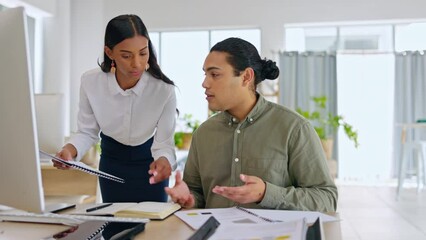 Poster - Team work, computer or business people with documents or paperwork speaking of an online project strategy. Collaboration, ideas or employees working on digital research or pc solutions together