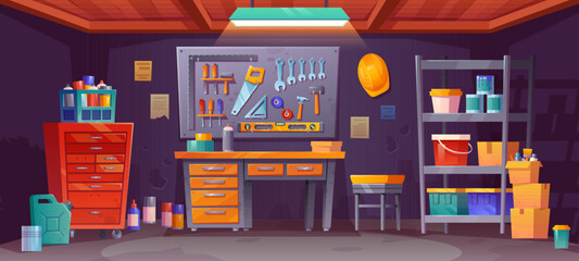 Night workshop interior in garage storage room with tool shelf and lamp spotlight. Wood table in shed or basement with toolbox, board for handsaw and wrench. Engineer equipment in storeroom front view