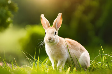 Wall Mural - white rabbit on green grass