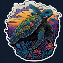 Sticker, Beautiful Turtle Under The Sea, Sunset Tropical Summer Generative Ai
