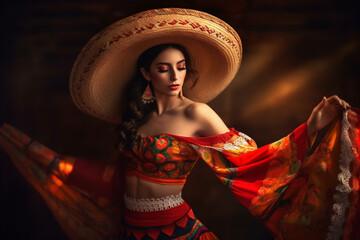 Fabulous Cinco de Mayo female dancer. Beautiful female model in traditional costume and sombrero dancing.Generative AI