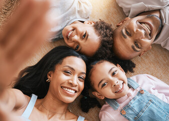 Sticker - Family, selfie portrait and top view smile, bonding or having fun together. Parents, happiness above and children relaxing or lying on carpet floor with profile picture, face or enjoying time in home