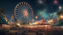 Night Time Carnival With Fireworks, Created With Generative Ai