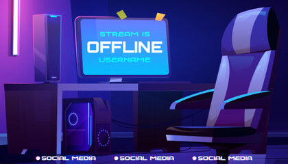 Offline stream cartoon wallpaper banner design for gamer with computer, table and armchair. Futuristic esport layout with social media button. Presentation template for twitch streamline game.