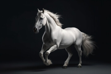 Wall Mural - Gorgeous white horse with beautiful flowing mane. Running, dynamic pose.  Photorealistic portrait. generative art