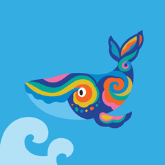 Wall Mural - Cute bright tribal whale in the ocean. Vector logo design