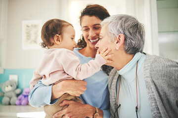 grandmother, mother and baby in home for playing, quality time and bonding together in living room. 