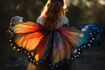 redhead woman with orange wanderer butterfly wings from back view, made with generative ai