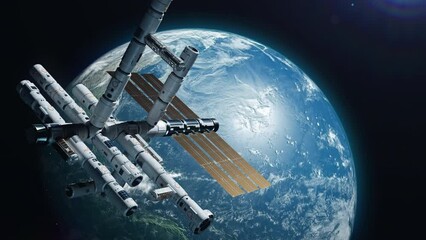 Wall Mural - the space station in orbit around the earth. the concept of studying the planets of the solar system