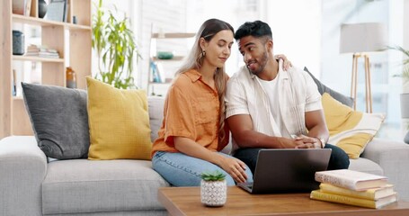 Poster - Couple, laptop and relax on sofa in living room, download media and decision for choice of movie together. Computer, man and talking to woman with technology, online streaming and web subscription