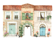 Houses In Provence Style, Watercolor Illustration Of Beautiful Vintage Facades With Decorations Of Plants In Pots, Flowers, Cats, Mail Boxes And Arch In Garden. Hand Painting Poster, Print, Wallpaper.