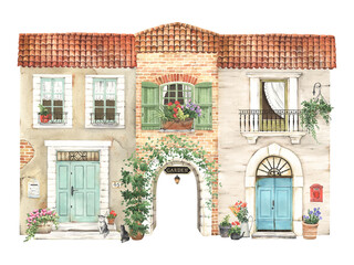 Houses in Provence style, watercolor illustration of beautiful vintage facades with decorations of plants in pots, flowers, cats, mail boxes and arch in garden. Hand painting poster, print, wallpaper.