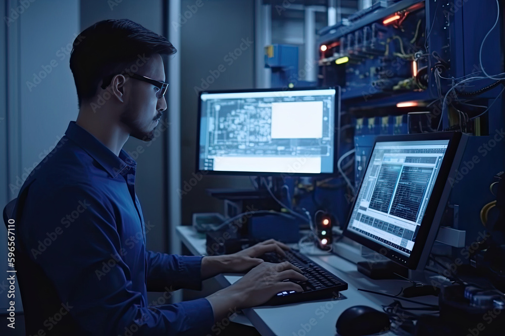 Software Engineering On Monitor Engineer manager monitors and controls robot arm automation in smart ...