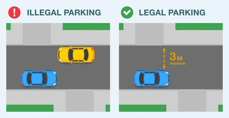 Outdoor parking rules. Legal and illegal parking. Leave at least three meters of clear road. Flat vector illustration template.