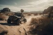 Bizarre off-road racer through desert landscape. Generative AI
