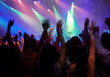 Fans, people or dancing at concert, music festival or night party, neon lights or event energy. Dance, fun and show, excited crowd in arena and rock band musician in spotlight on stage performance.