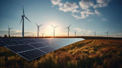 Wall Mural - stunning landscape with wind turbines and solar panels for renewable energy, generative ai