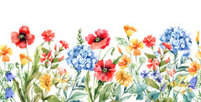 Seamless Border With Watercolor Wild Flowers. Poppies, Bluebells, Hydrangea, Carnations, Eschscholzia - Seamless Horizontal Background.