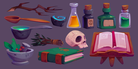 Aufkleber - Magic potions, spell books, herbs icons for game or halloween decor. Witch or wizard alchemy laboratory stuff with bottles with poisons, skull, mystic books, vector cartoon set