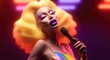 Fictional Drag Queen with orange wig lip syncing with a microphone in her hands: Man dressed up as a woman on vibrantly colored background, created with generative ai
