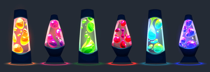 Poster - isolated retro lava lamp vector neon light graphic set. psychedelic magma luminous illustration with