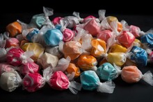 Taffies, Colorful Candies On Grey Table, Closeup. Space For Text. National Taffies Day Banner,  Created With Generative Ai