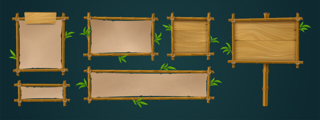 Poster - wooden bamboo sign board frame game ui vector set. wooden signboard with rope on stick and border is