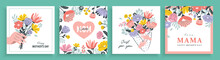 Set Of Mother's Day Greeting Cards With Beautiful Blossom Flowers.