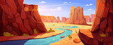 Fototapeta Natura - Grand canyon and river in Arizona national park vector landscape illustration. Desert with rock cliff and mountain valley for adventure and travel in USA. Unforgettable panoramic view on US landmark