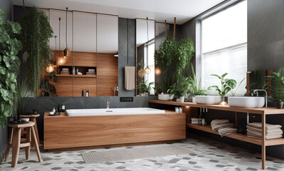 Interior design of modern bathroom, bath tub decorated with wood and greenery. Created with generative AI technology.