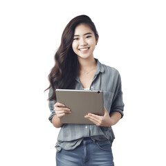 Beautiful asian young woman smile holding tablet computer pc, isolated on white and transparent background, ai generate